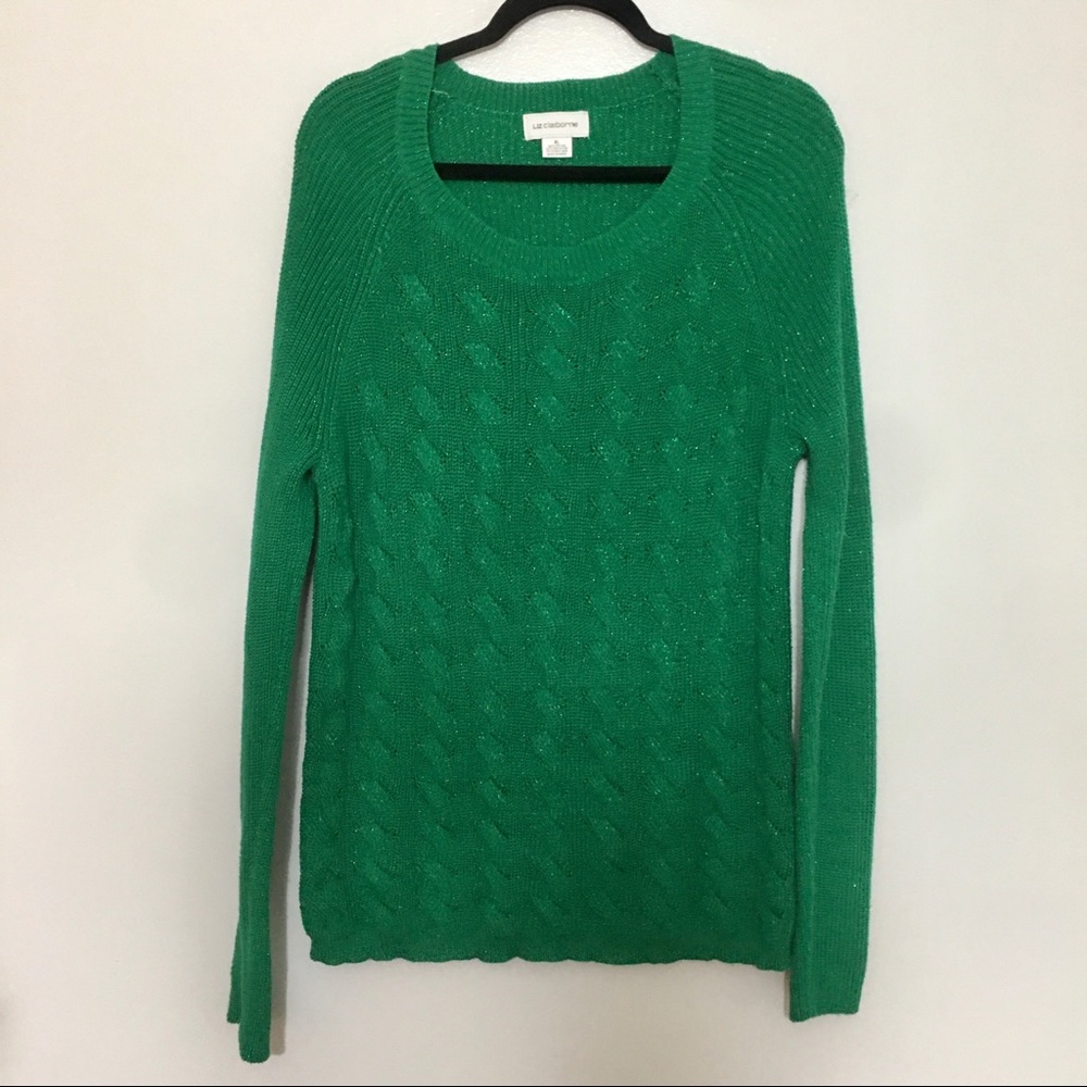 Liz Claiborne Green Cable Knit W/ Metallic Green Sparkle Holiday Sweater Size XL
